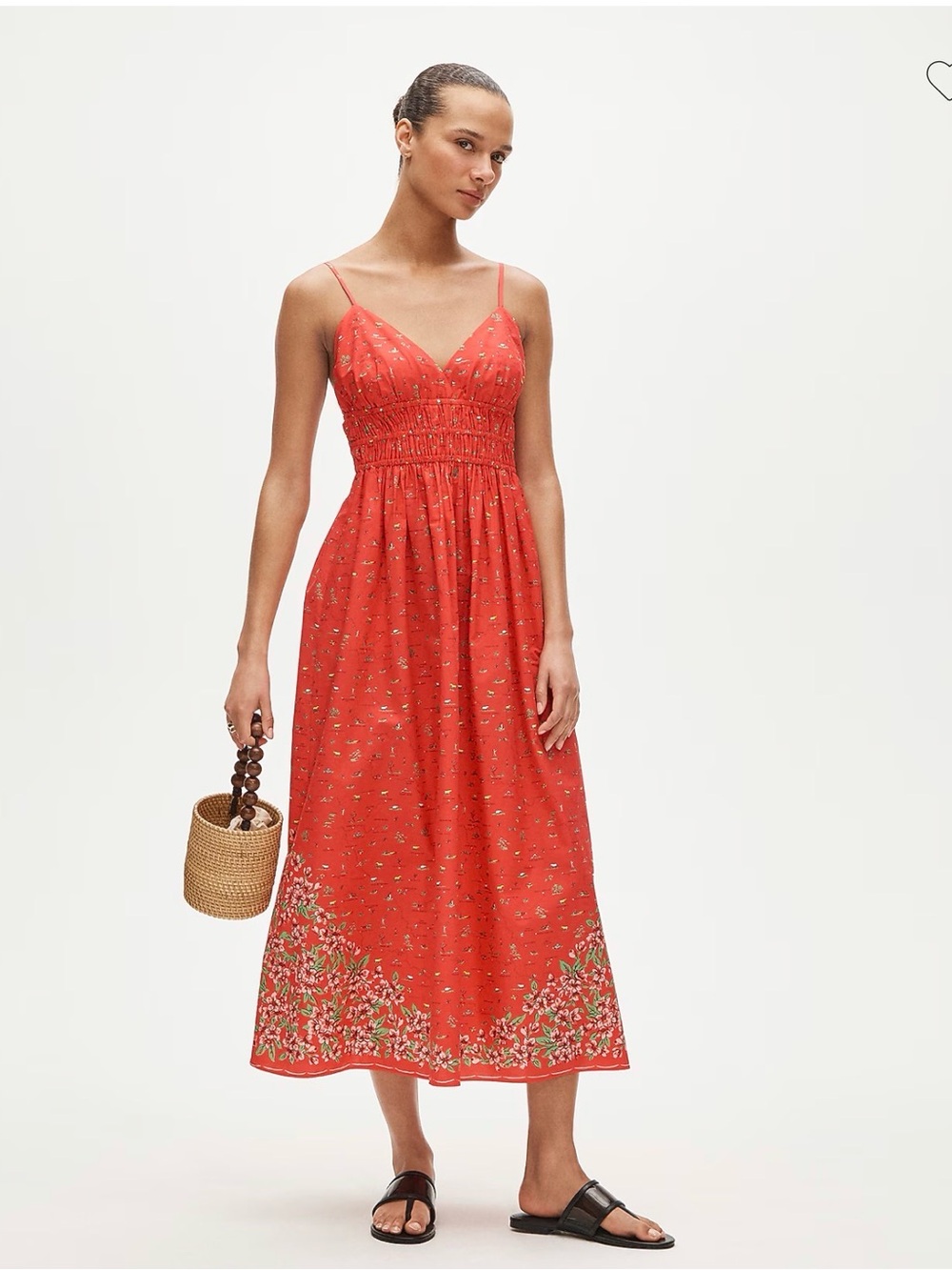 J. Crew Coral-Red Floral Smocked Midi Dress